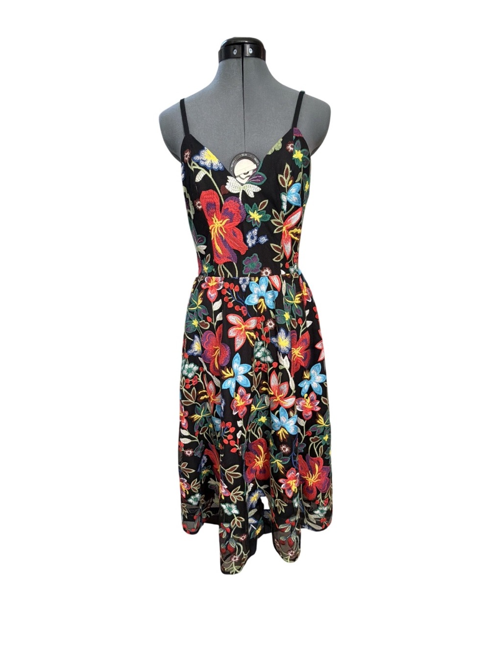 Dress the Population Black Midi Dress with Multicolor Floral Embroidery